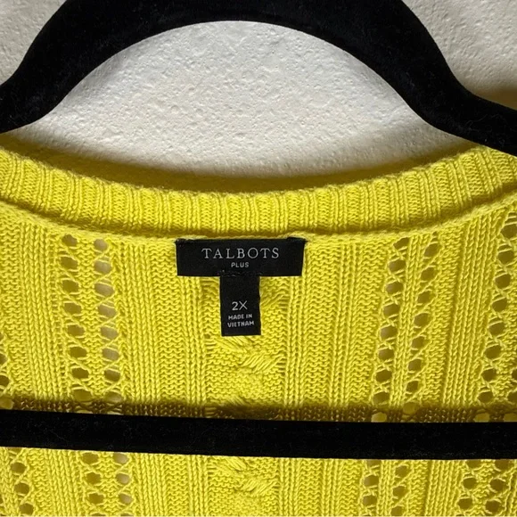 Talbots Plus Size 2X Women Neon Yellow Cardigan Open Knit Spring 100% Cotton - Picture 3 of 7